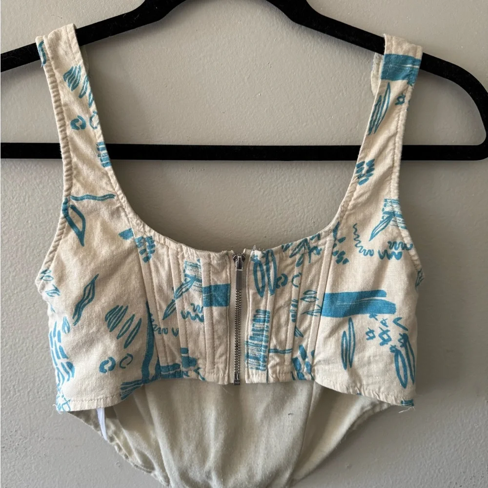 Urban Outfitters Small Corset Off White Blue Abstract Print Boned - Picture 3 of 5